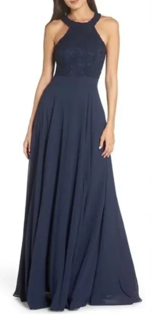 Lulu's Love Poem Lace‎ Halter Gown in Navy Blue thumbnail 1