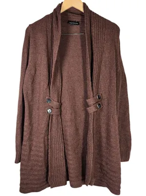 Fortune & Ivy‎ Metallic Button Detail Shawl Collar Sweater Cardigan Brown M thumbnail 1