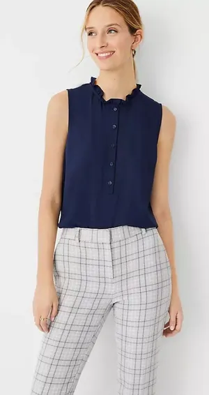Loft Ruffle Neck Mixed Media Blue Blouse in Small thumbnail 1