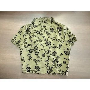 Floral Print Mock Neck, lettuce trim mesh lined crop top thumbnail 2
