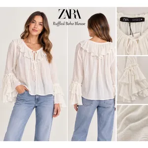 Zara White Boho Ruffle Tie Neck Blouse Bell Sleeve Peasant Top XS Semi Sheer NWT thumbnail 2