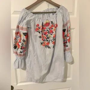 Free People Embroidered Off Shoulder Mini Dress Blue Orange Size S thumbnail 2