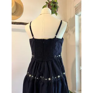 Navy Blue Floral Embroidered Folk Tiered Midi Dress Size Small 100% Cotton thumbnail 11
