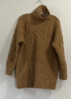 Laura Ashley Wilfred cable knit turtleneck sweater 100% wool tan brown beige L thumbnail 1