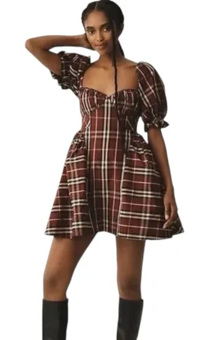 Anthropologie Maeve Tartan Plaid Puff Sleeve Basque Drop Waist Mini Dress Small‎ thumbnail 1