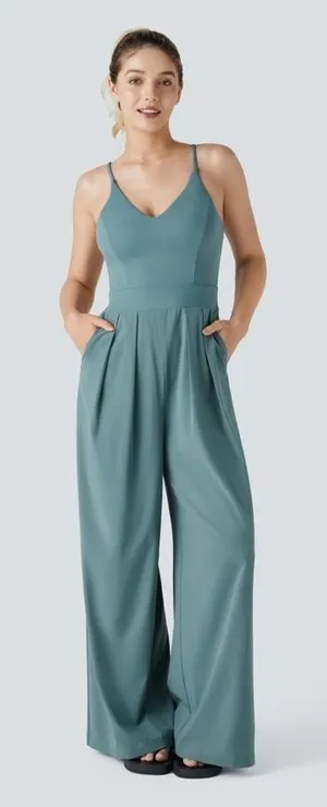 Halara Breeze Jumpsuit Size L Teal Blue Wide Leg Pockets Cross Back‎ Sleeveless thumbnail 1
