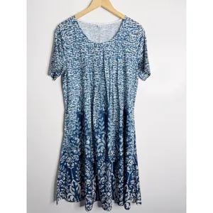 NEW Blue‎ White Damask Print Swing Midi Dress Boho Coastal Flowy Casual Medium thumbnail 2