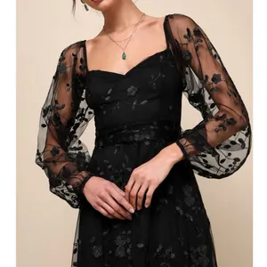 NEW Lulus Darling Charisma Black Mesh Embroidered Balloon Sleeves Midi Dress XS thumbnail 2