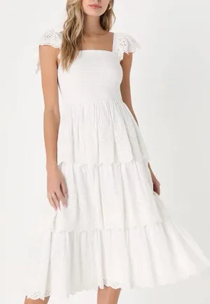 Lulu's White Eyelet Tiered Maxi Dress with Smocked Bodice thumbnail 1