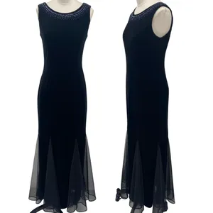 Vintage Y2k Velvet Gown Sleeveless Beaded Bateau Neck Mesh Godets Black Womens 4 thumbnail 3