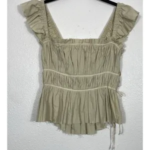 Free People Beige Ruffle Sleeve Drawstring Cropped Blouse Cotton Size S thumbnail 2