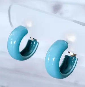 Vintage Clip On Earrings Light Blue Retro Chunky Hoops 0.75" thumbnail 1