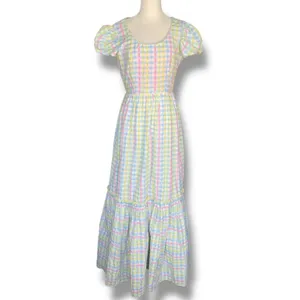Vintage 70s Pastel Gingham Smocked Maxi Dress‎ Puff Sleeve Cottagecore Romantic thumbnail 13