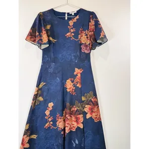 NWT Baltic Born Maxi Dress Blue Colina Satin Floral Flutter Side Slit Medium thumbnail 6