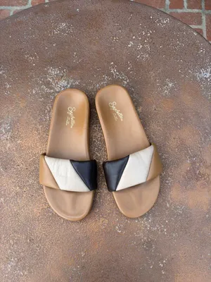 Seychelles tan & brown bubble color block leather sandal slides Sz 8 #eurosummer #vacation #bobo thumbnail 3