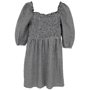 Mango Black White Gingham Smocked Puff Sleeve Mini‎ Dress Size 2 Cotton EUC thumbnail 3