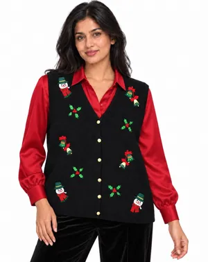 Vtg Crystal Kobe Womens Christmas Sweater Vest XL Holiday Snowman Embroidered thumbnail 1