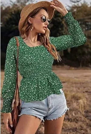 Green peplum-style blouse with a ditsy floral print size M thumbnail 1
