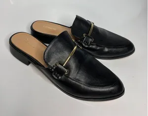 Express Mules Women 7.5 Black Excellent Gold Bar Slip On Pointed Toe Loafers thumbnail 1