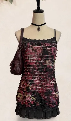 Maurices Burgundy and Black Floral Ruffle Camisole thumbnail 1