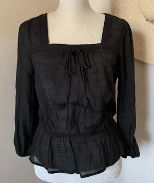June & Hudson Nordstrom Black Sheer Peasant Boho Long‎ Sleeve Top Size M… thumbnail 1