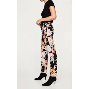 Zara Basic Floral Lily Print Trousers Black Orange Slim Ankle Pants Womens 8 thumbnail 3