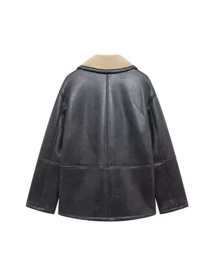 Zara Black Faux Leather Pea Coat with Cream Shearling Collar thumbnail 2