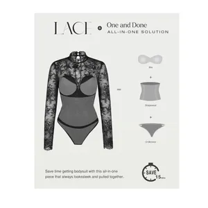 NWT Popilush Lace Shapewear Bodysuit Long‎ Sleeve Built-In Bra Open Back Large thumbnail 2