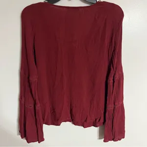 Hollister Womens Burgundy Lace Up V-Neck Bell Sleeve Boho Blouse‎ Top Medium thumbnail 7