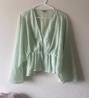 Buckle Light Green V-Neck Peplum Blouse - Women thumbnail 1
