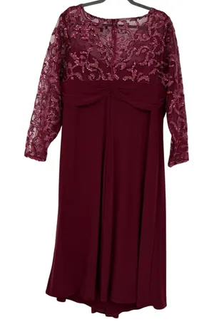 Marina 20W Burgundy Sequin Lace Bodice Long Sleeve Formal Gown Dress Party‎ thumbnail 1