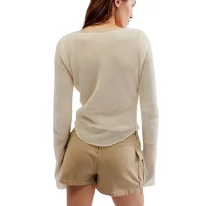 Free People Beau Ivory Mesh‎ Open Knit Long Sleeve Scoop Neck Top XS OB1647781 thumbnail 3