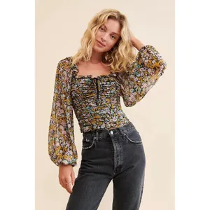 Free People Mabel Floral Printed‎ Ruched Smocked Crop Top Long Sleeve Blouse S thumbnail 3