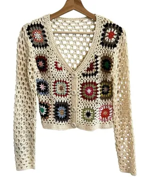 Boho Grandma Crochet Patchwork Knit Cardigan Sweater Size S Cottage Festival thumbnail 1
