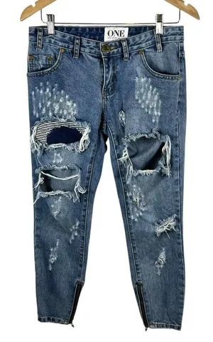 One By One Teaspoon Trashed Free Birds Distressed Low Rise Medium Wash Jeans 24‎ thumbnail 1