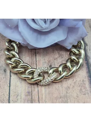 Victoria’s Secret Pave Set Crystal Chunky Gold Curb Chain Toggle Bracelet thumbnail 2