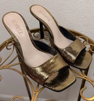 SCHUTZ Metallic Gold Open-Toe Mule Cloe Stiletto Square  Heel Size 5.5 thumbnail 1