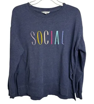 Wildfox Women's blue pullover sweatshirt size large Social colorful embroidery thumbnail 1