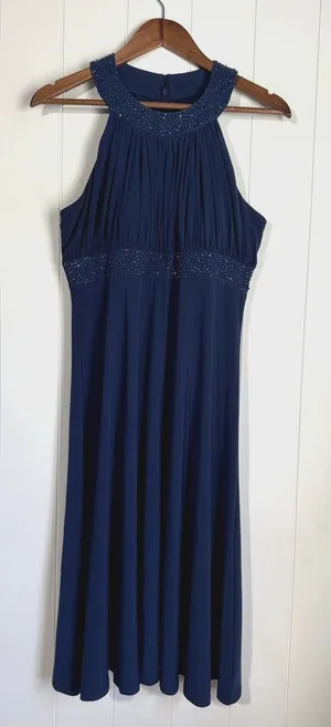 Jessica Howard Womens Evening Dress Blue Halter Beaded Neck & Waist Size 12 thumbnail 1