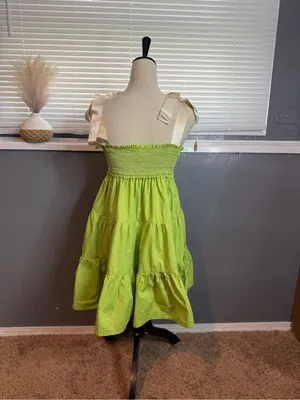 LOVELO Lime Green Smocked Tiered Cotton Dress Adjustable Ribbon Tie Straps M thumbnail 5