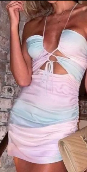 Zara Pastel Tie Dye Satin Ruched Cut Out Mini Dress Size M thumbnail 1
