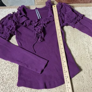 Anthropologie Coquette Ruffle Sleeve Ribbed Knit Dark Academia‎ Top XS OB2104386 thumbnail 2