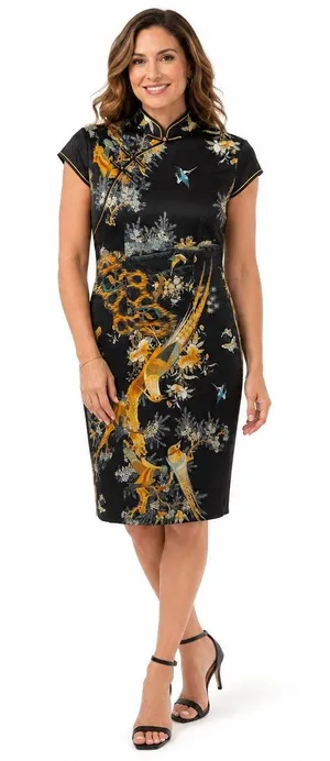 Vintage Style Black Satin Cheongsam Bird Print Midi Dress Sz M thumbnail 1