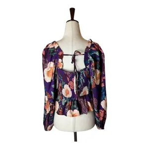 Band Of The Free Shirt Women Medium Purple Floral Puff‎ Sleeve Cropped Top NWT thumbnail 4