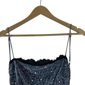 NWT Edikted Sylvester Sequin Mini Dress Silver Y2K Lace Trim Low Back Size M thumbnail 4