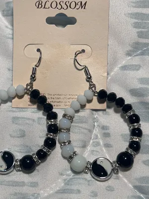 Beaded hoop earrings, Blossom brand, black and white yin yang design with silver accents thumbnail 2