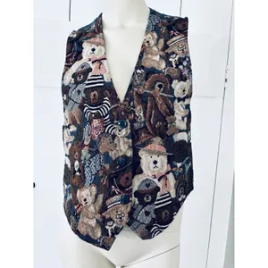 Vintage Facets Teddy Bear Tapestry Vest Small 90s Boho Cottagecore USA Made thumbnail 2