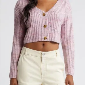 BP. Pink Ribbed Knit Crop Space Dye V Neck Cardigan thumbnail 1