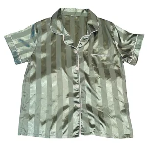 Sage Green Striped Satin Pajama Set Short Sleeve Button Down Shorts Womens Small thumbnail 2