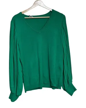 adrianna‎ Papell Green Pleated Sleeve V Neck Knit Top Blouse - L thumbnail 1